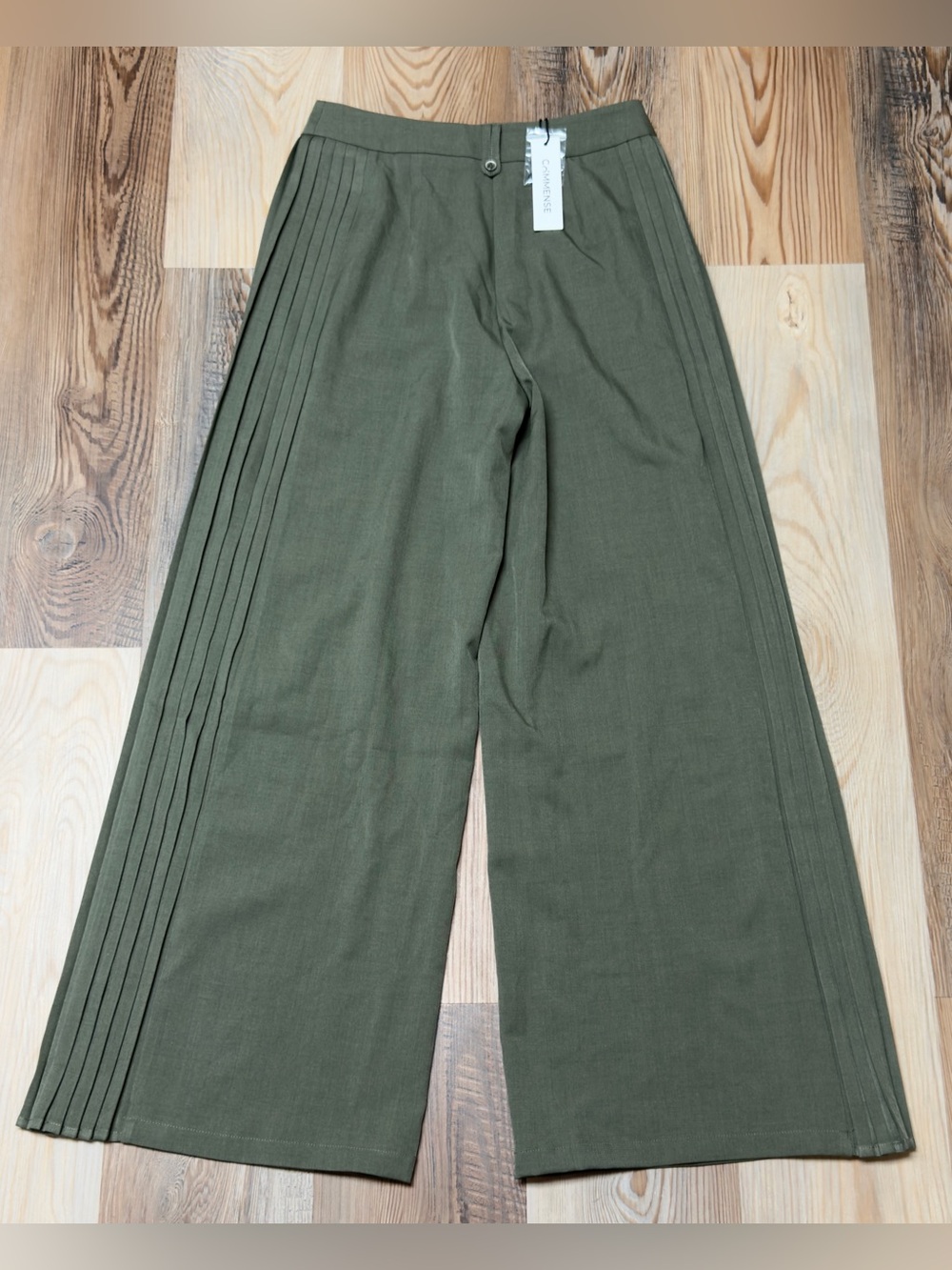 COMMENSE Olive Green Side Pleated Wide-Leg Pants High Rise Small NWT